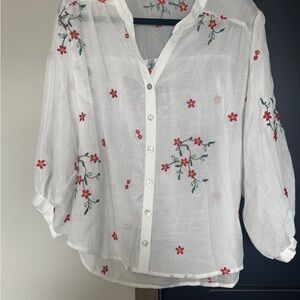 Chic White Blouse with Red Floral Embroidery